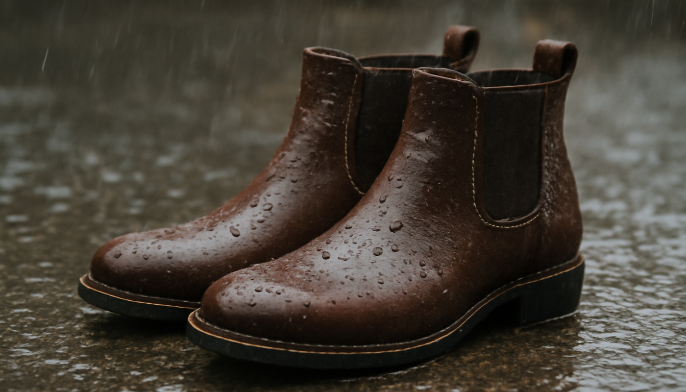 bottines examinées sous une pluie fine