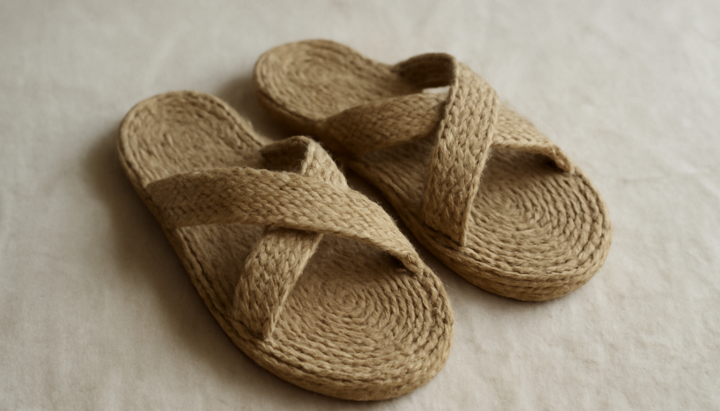 paire de sandales en materiau naturel posees