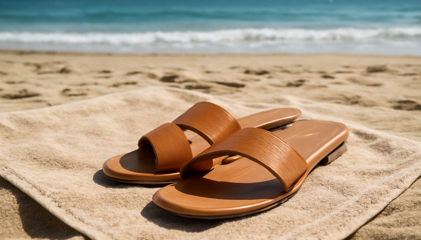 sandales posees sur serviette a la plage