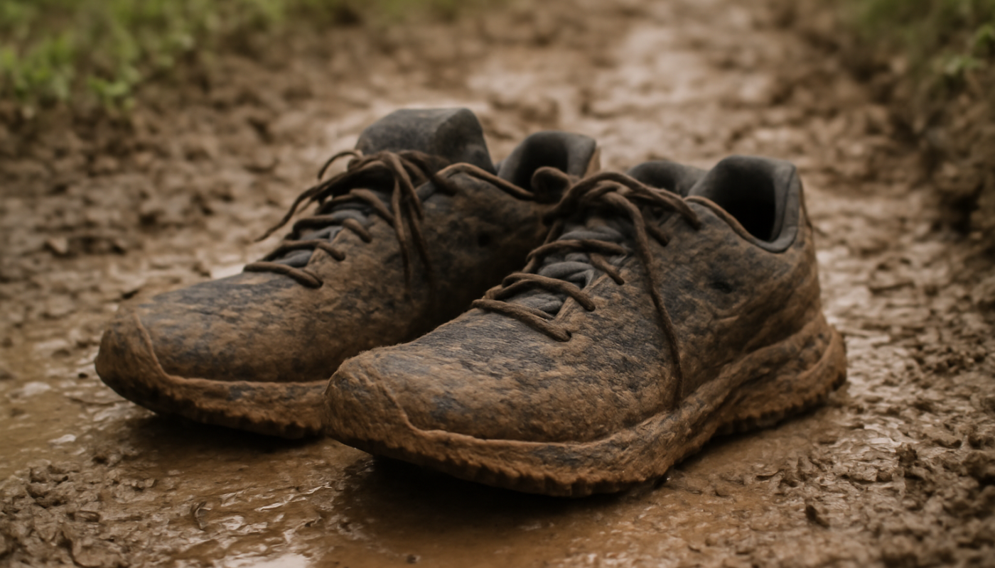 paire de chaussures de sport sur chemin boueux
