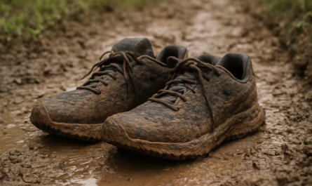 paire de chaussures de sport sur chemin boueux
