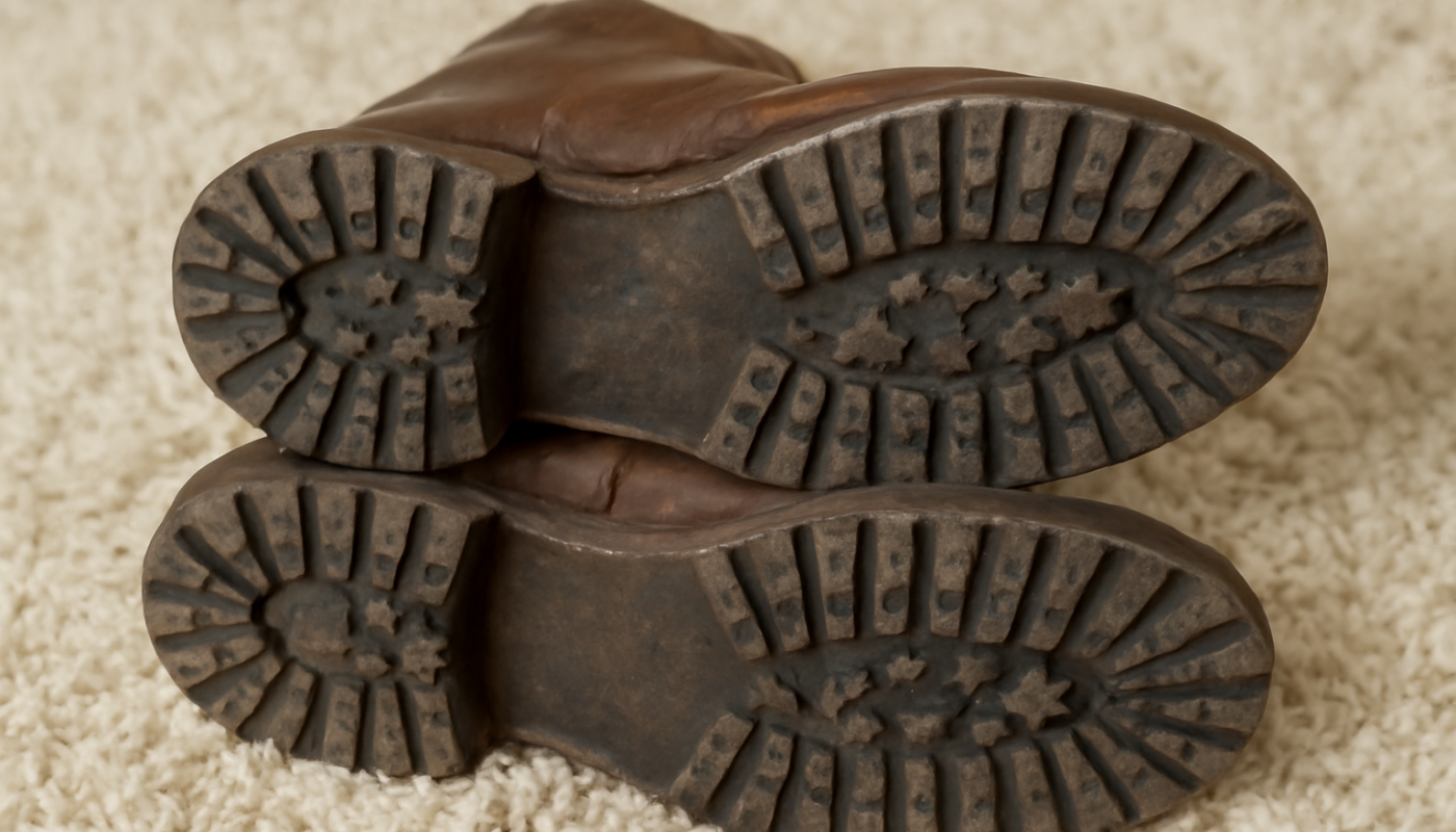 semelles de bottines posées sur tapis moelleux