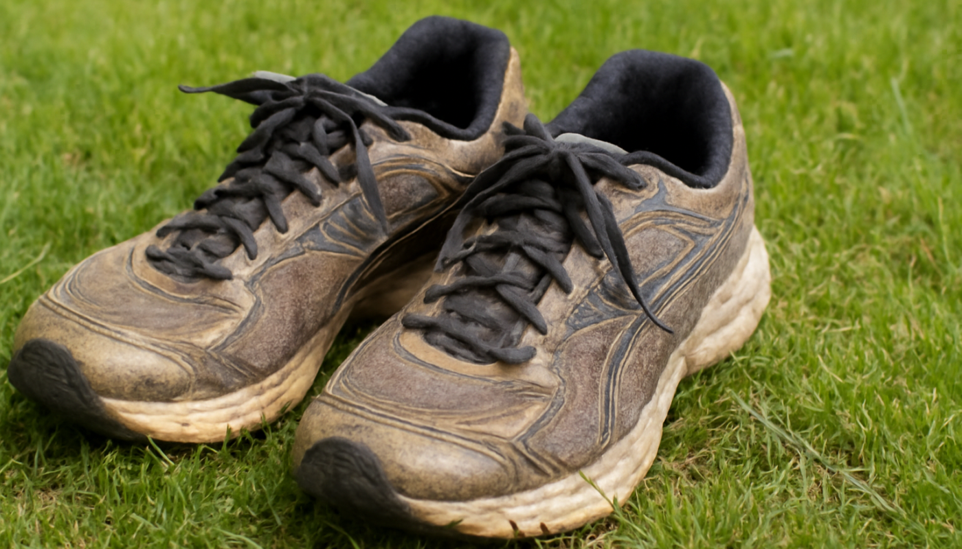 chaussures de running usées posées sur pelouse