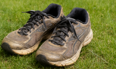 chaussures de running usées posées sur pelouse