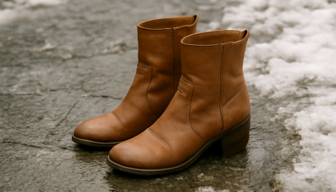 bottines sur trottoir enneigé partiellement fondu