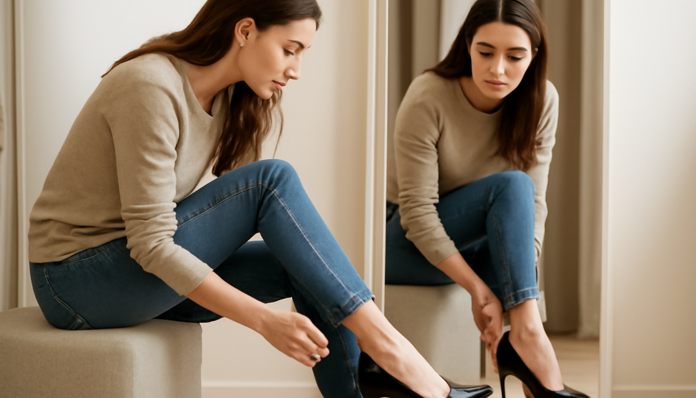 femme essayant des talons devant un miroir