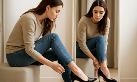 femme essayant des talons devant un miroir