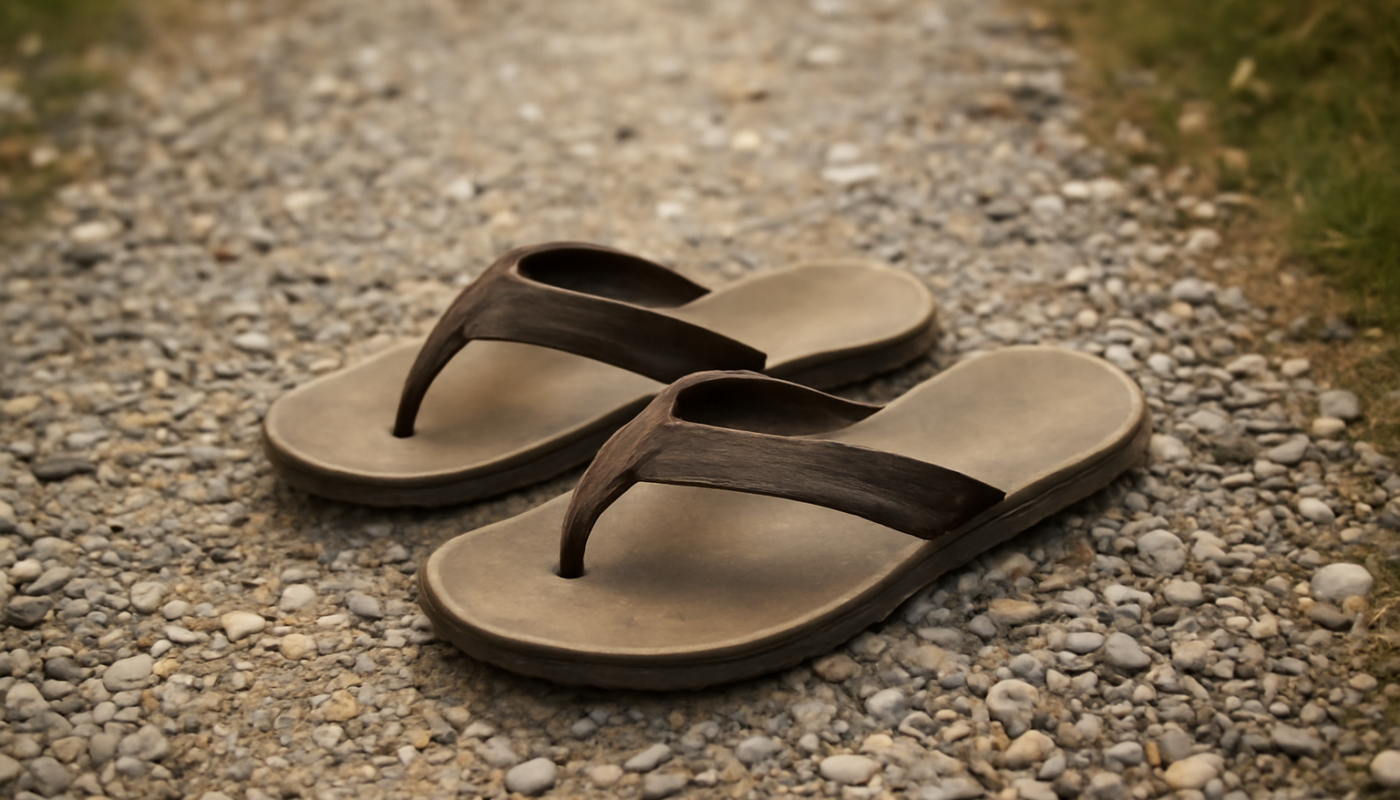 tongs posées sur sentier en gravier