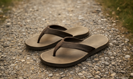 tongs posées sur sentier en gravier