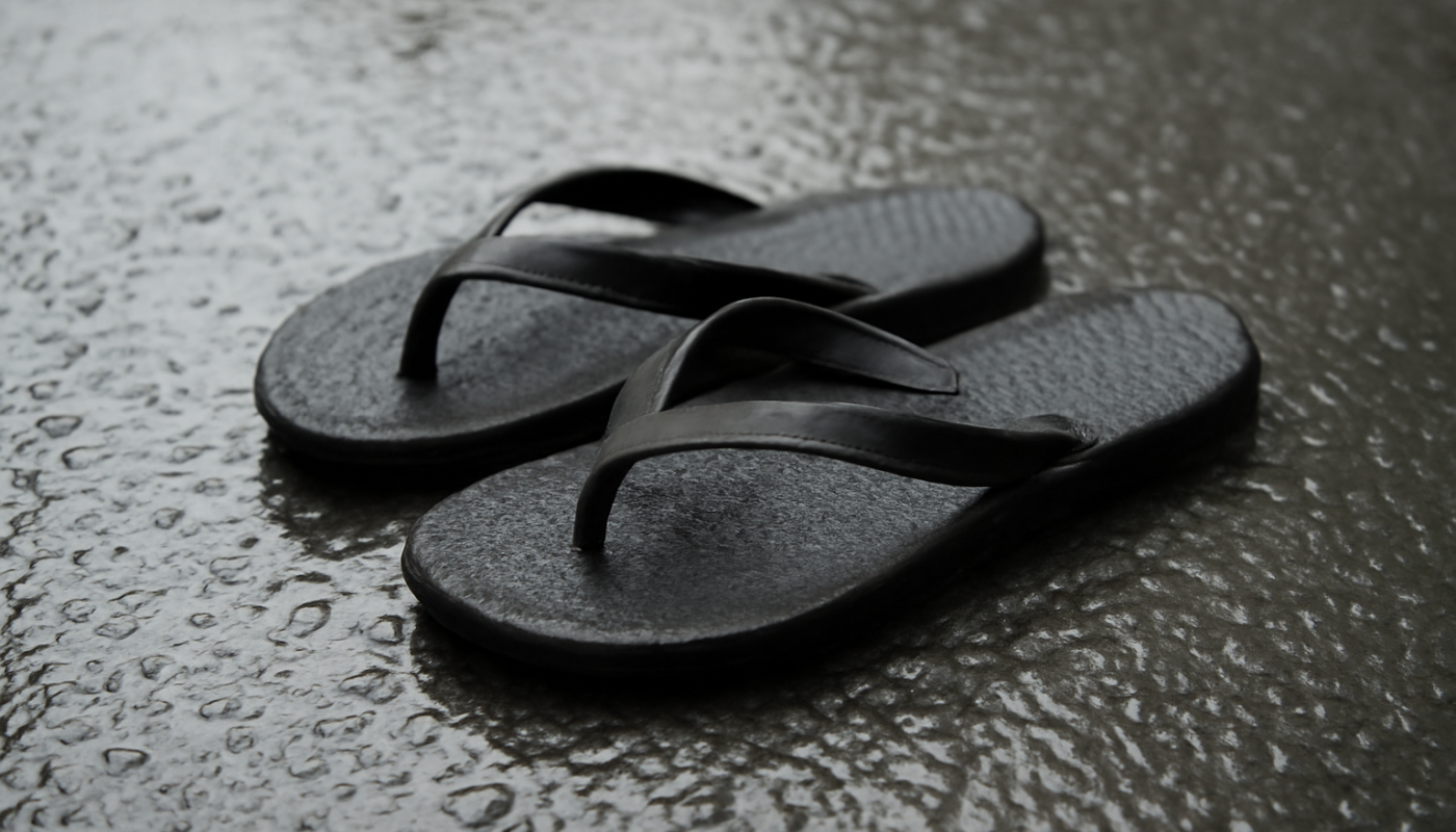 tongs posées sur sol mouillé antidérapant