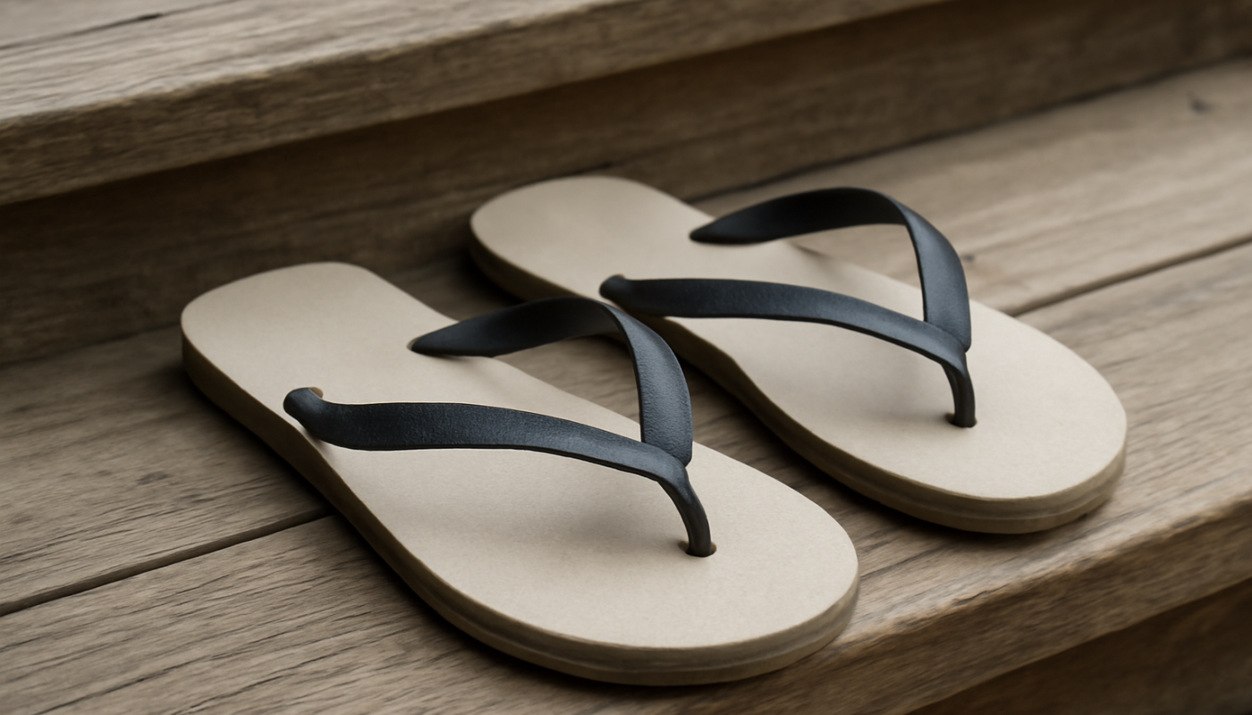 tongs posees sur marche en bois