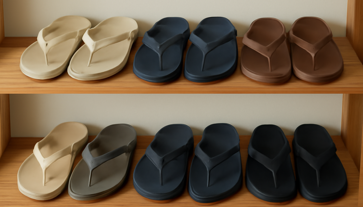 collection de tongs disposees sur etagere