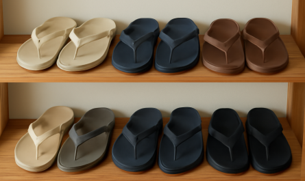 collection de tongs disposees sur etagere
