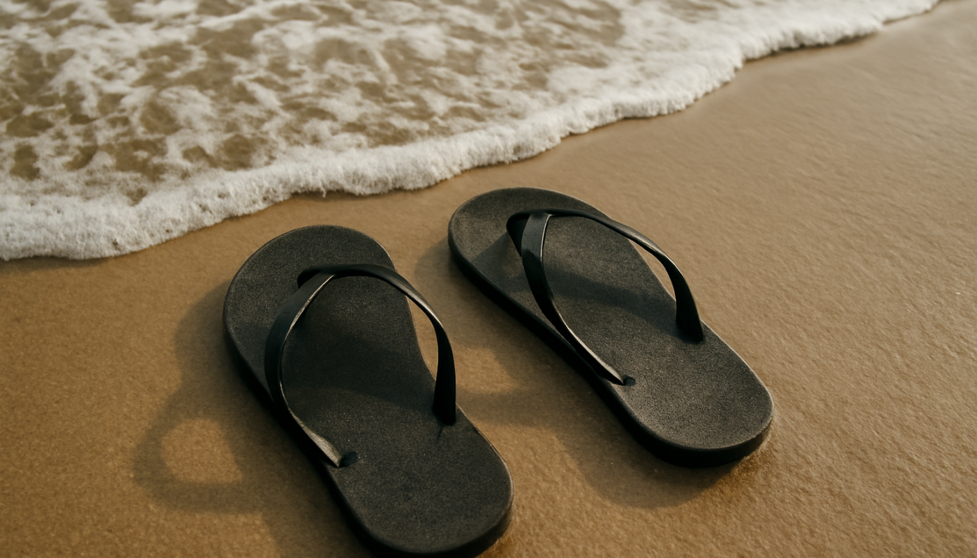 tongs sur sable humide près de vagues