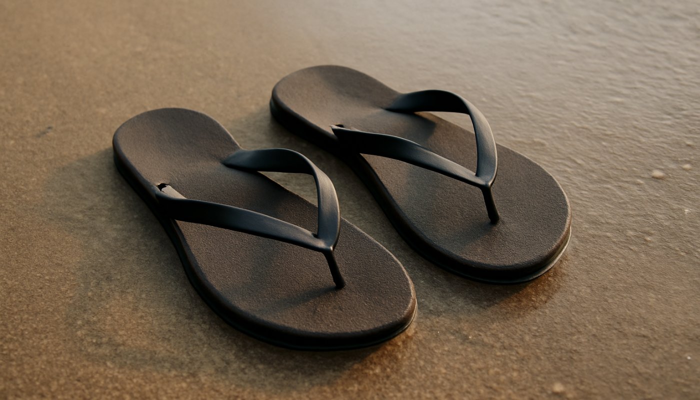 paire de tongs posees sur sable humide