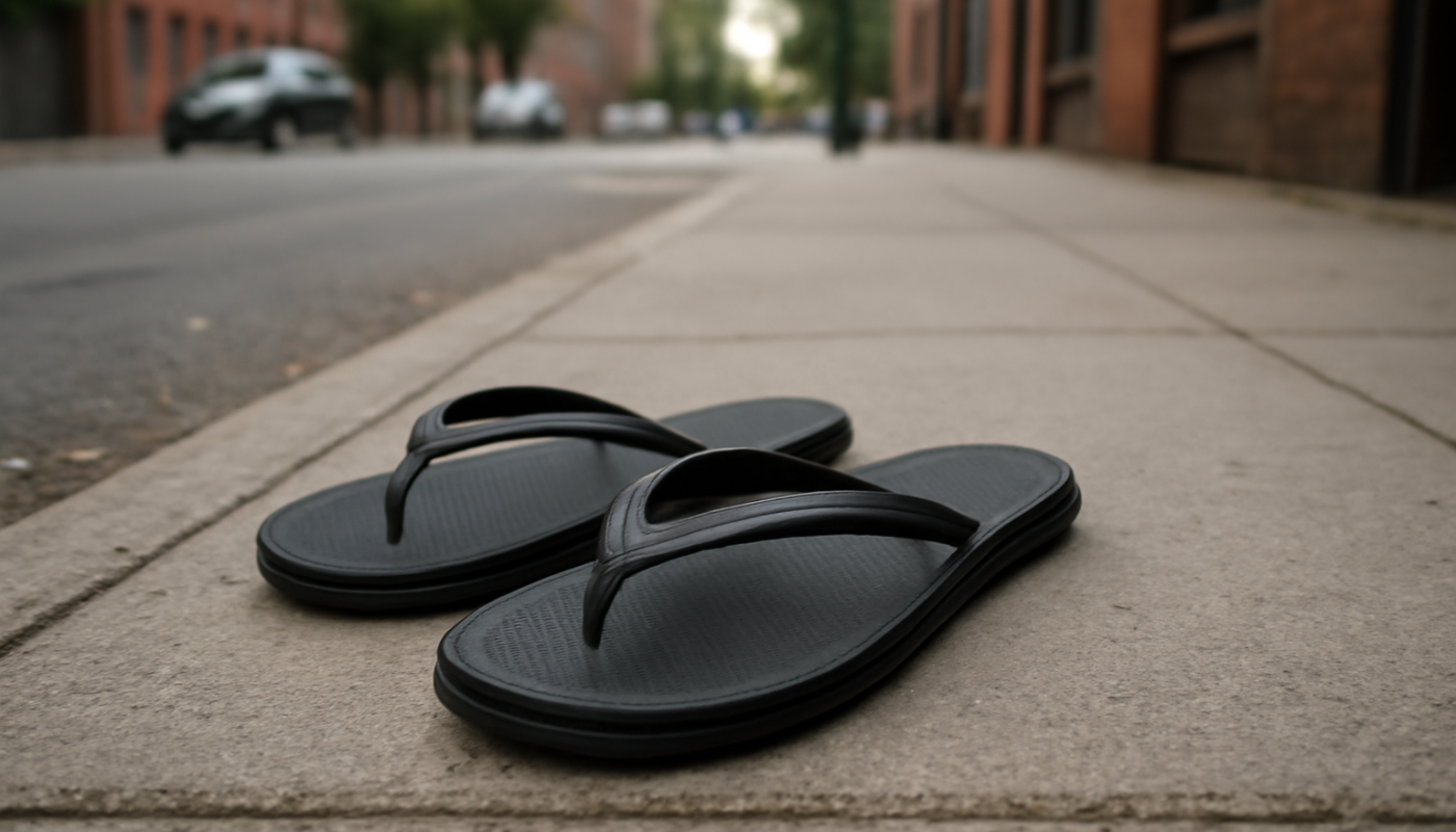 tongs poses sur trottoir urbain