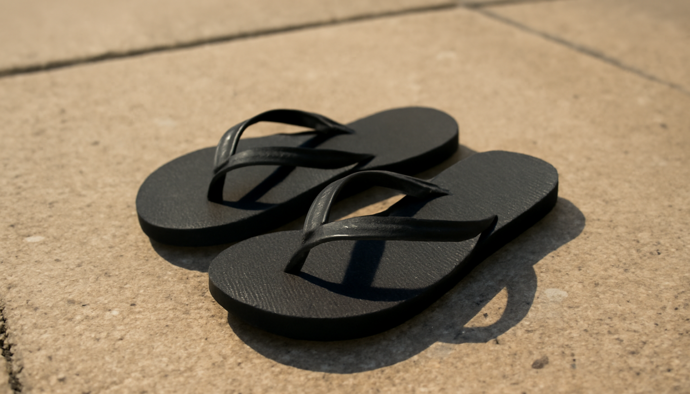 tongs posées sur trottoir en été