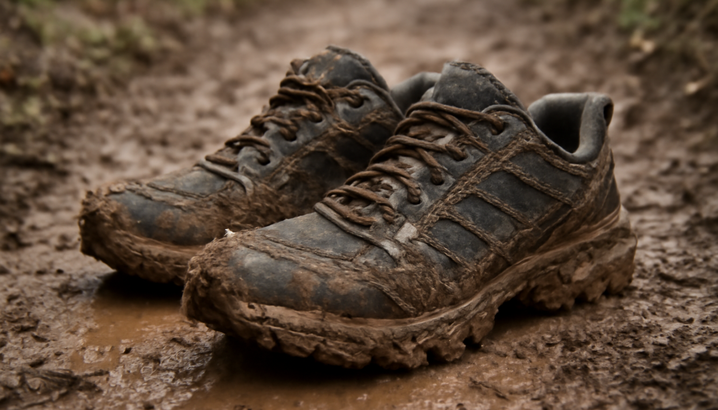 paire de chaussures trail sur sentier boueux