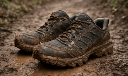 paire de chaussures trail sur sentier boueux
