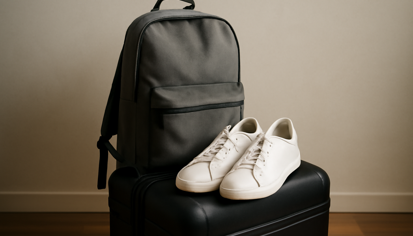 sac a dos et baskets posees sur valise