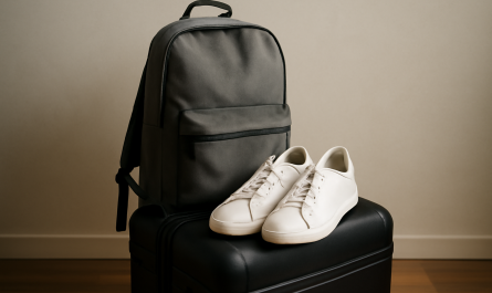 sac a dos et baskets posees sur valise