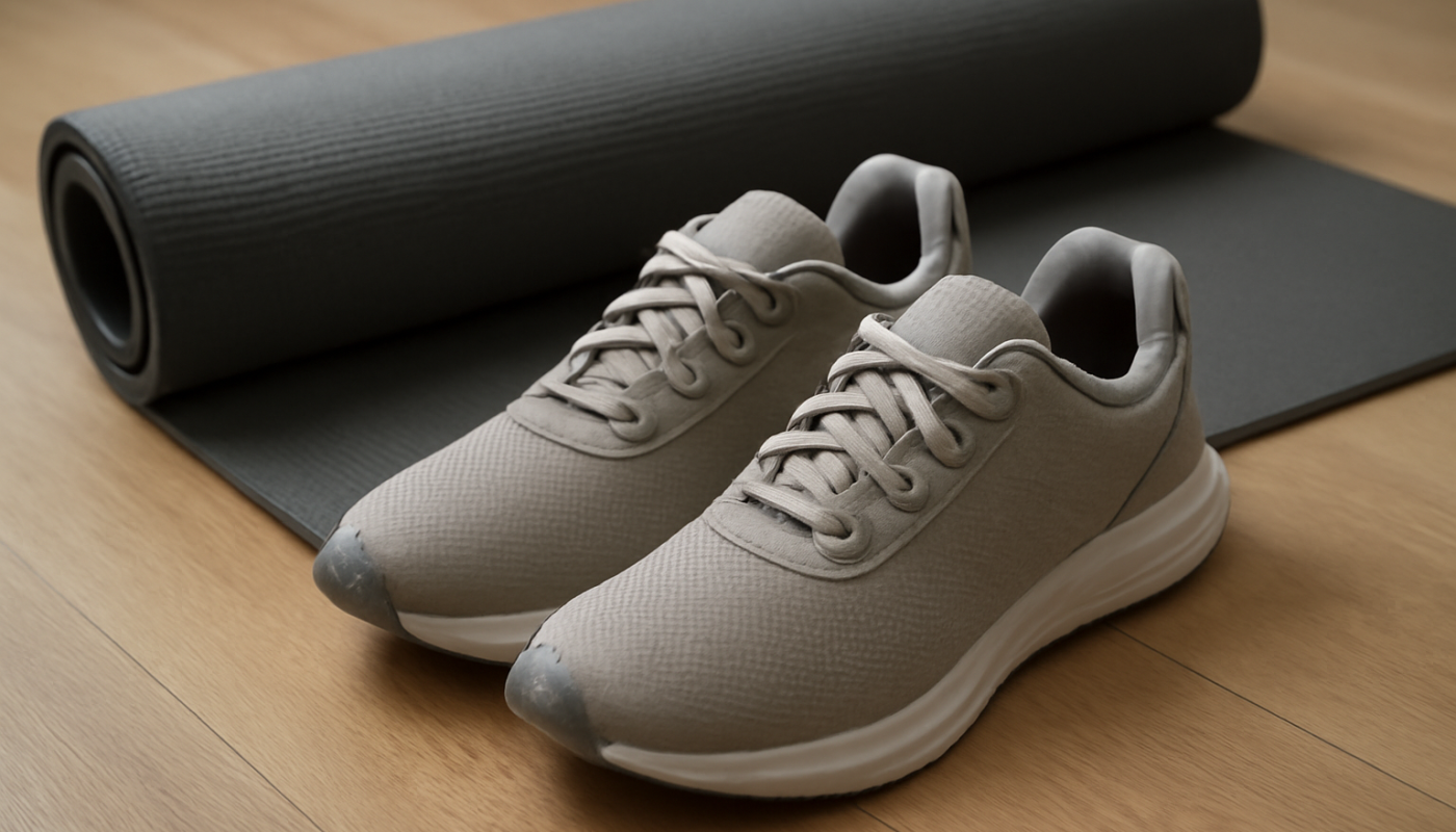 chaussures de sport posees pres d'un tapis