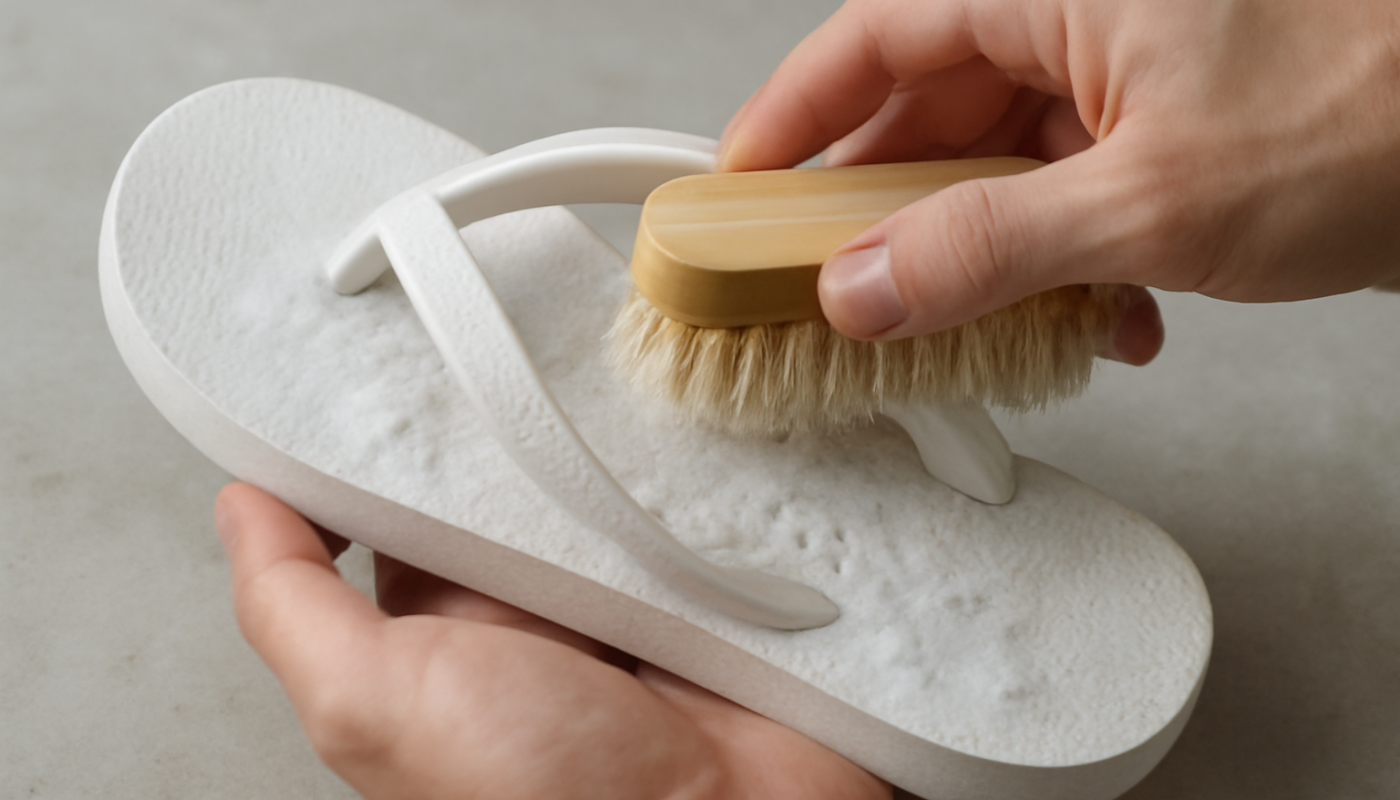 mains nettoyant des tongs avec brosse douce