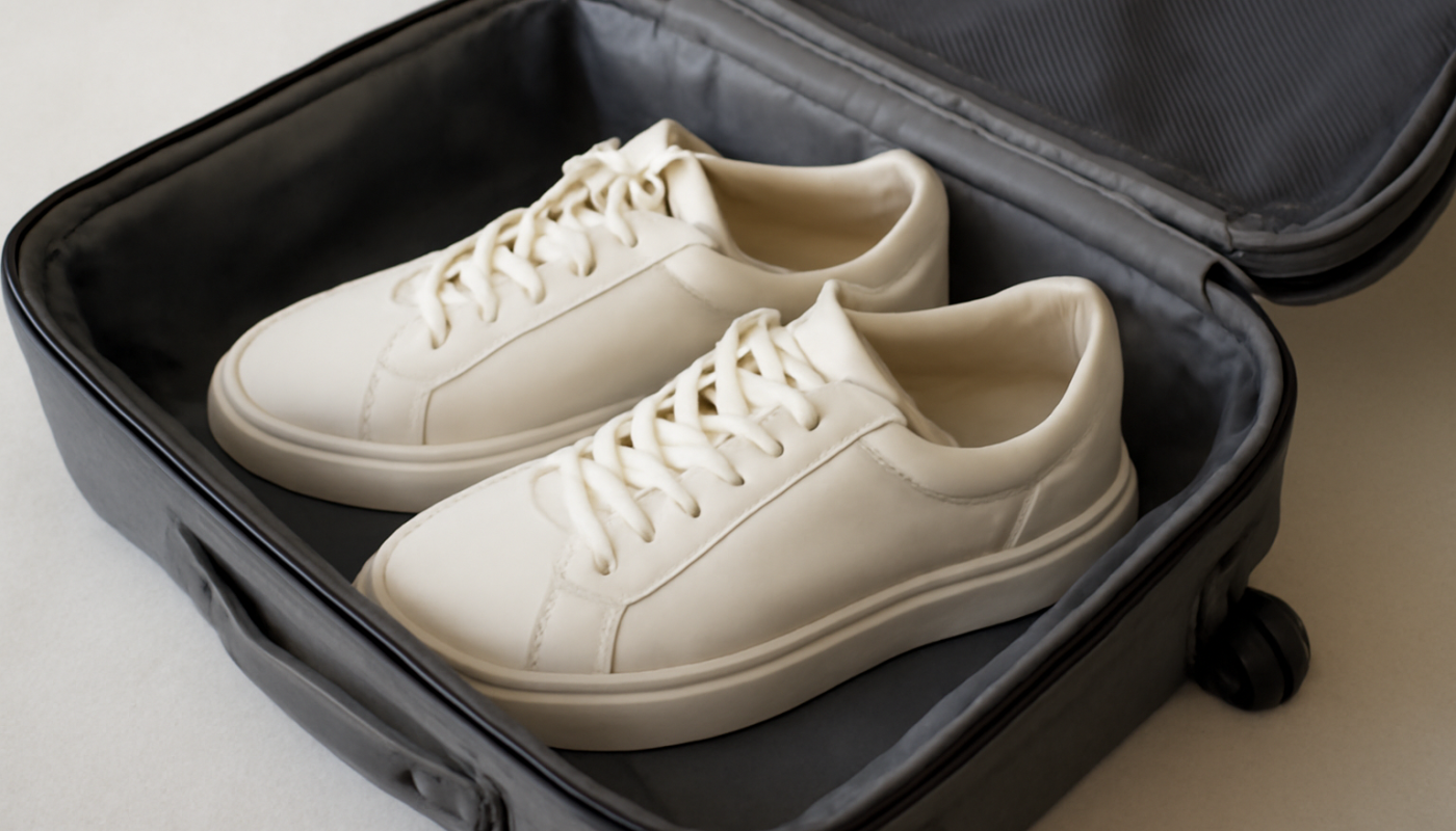 paire de baskets compacte dans une valise ouverte