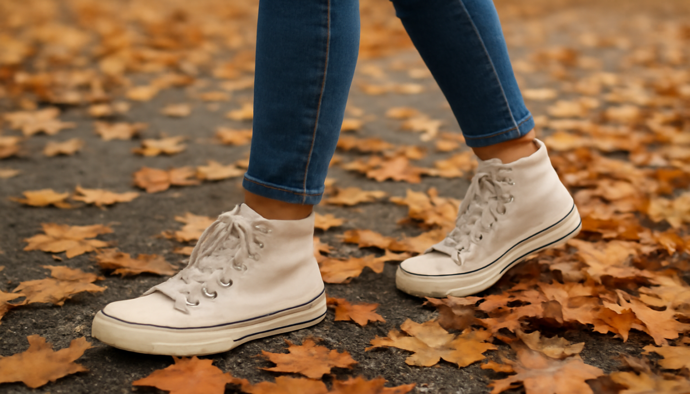 femme en baskets montantes marchant feuilles mortes
