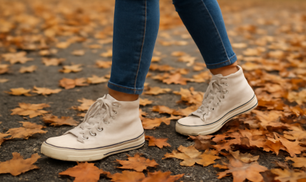 femme en baskets montantes marchant feuilles mortes