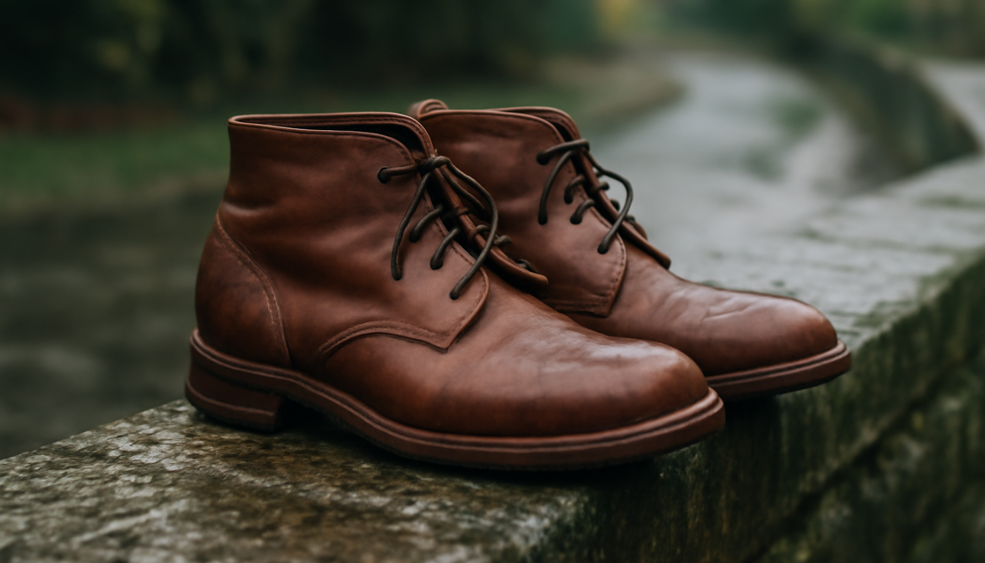 bottines posees sur un muret humide