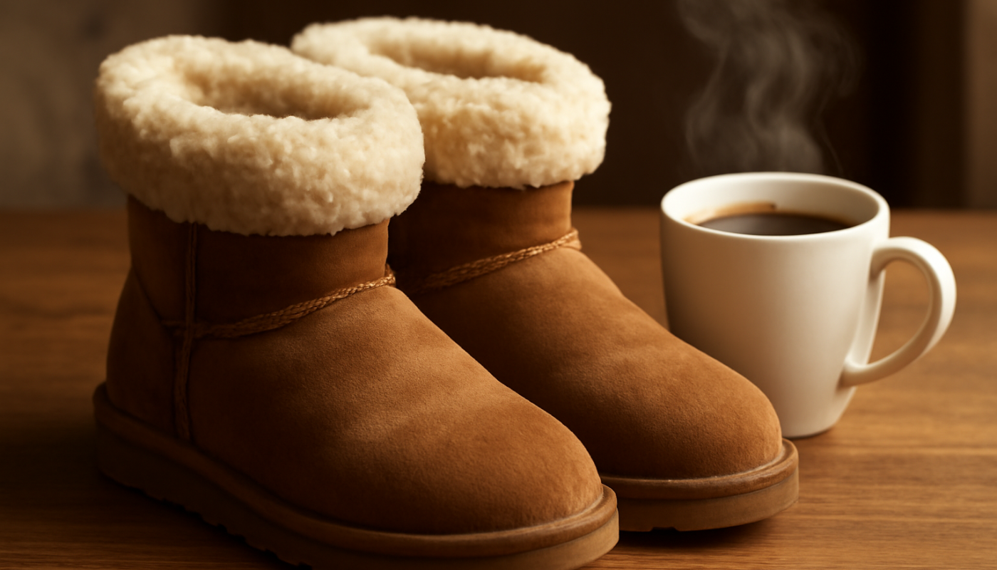 bottines fourrées posées près d'une tasse chaude
