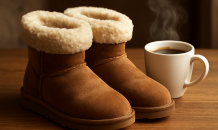 bottines fourrées posées près d'une tasse chaude