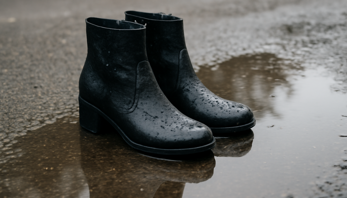 bottines mouillées près d'une flaque