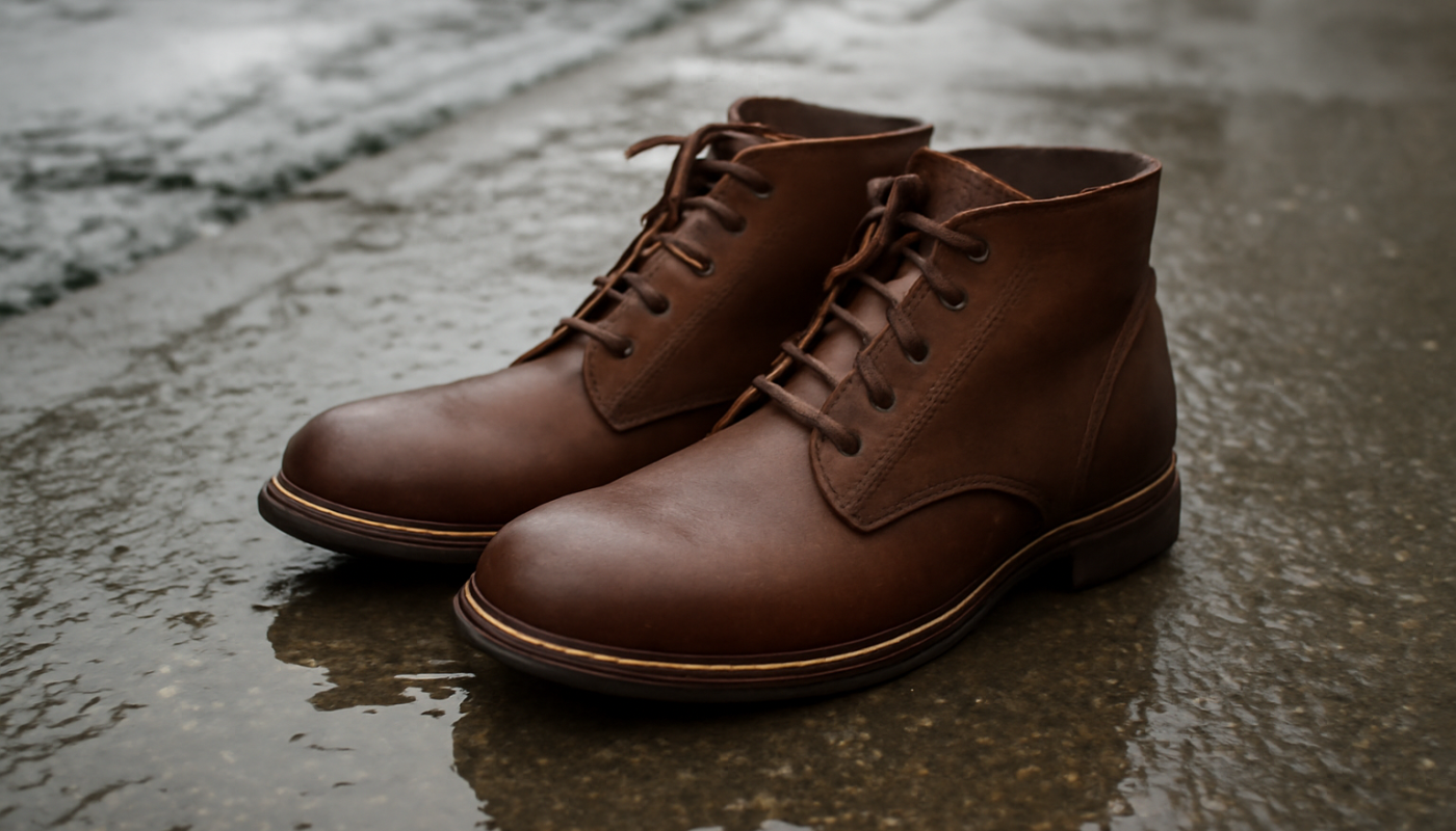 bottines posées sur trottoir mouillé