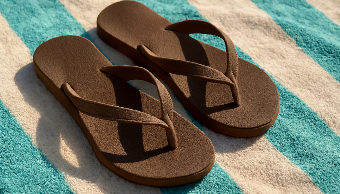 tongs posees sur serviette de plage