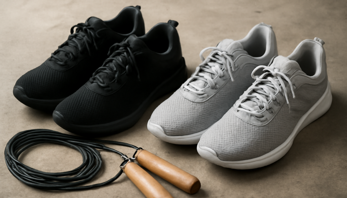 paires de chaussures sport près de corde à sauter