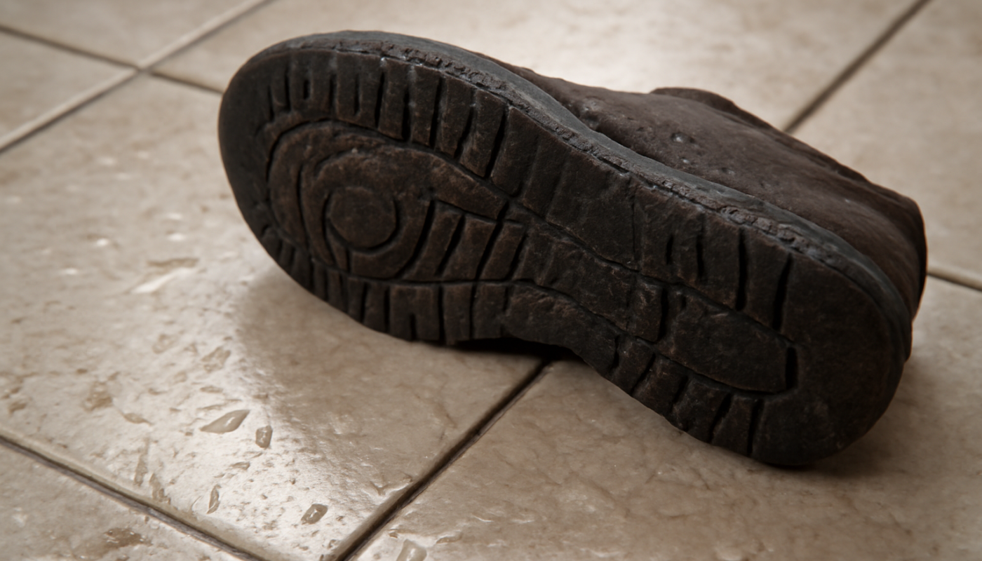 semelle mouillee d'une chaussure sur carrelage