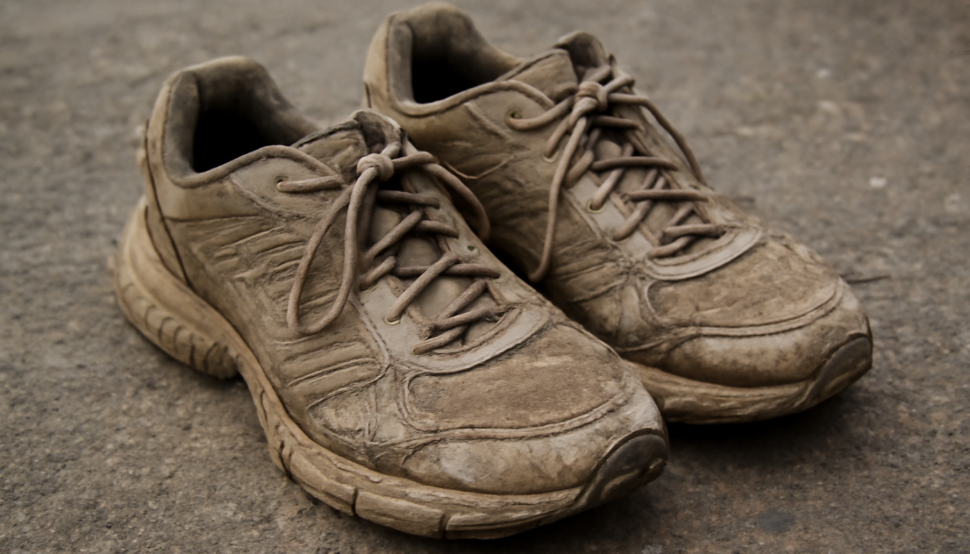 paire de baskets de sport usées sur sol