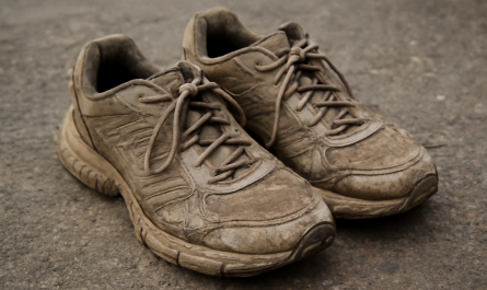 paire de baskets de sport usées sur sol