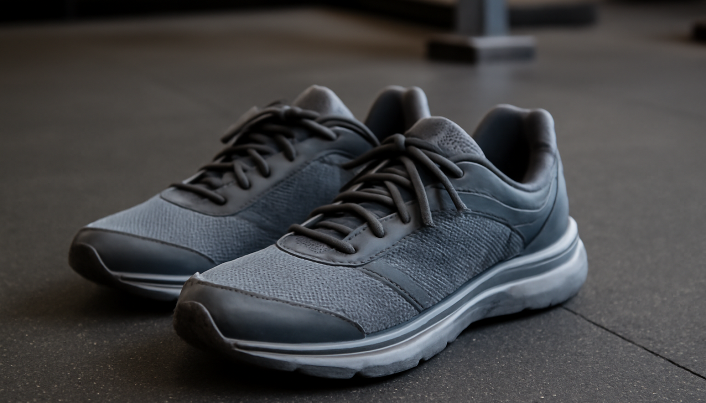 chaussures de sport posées sur sol de gym