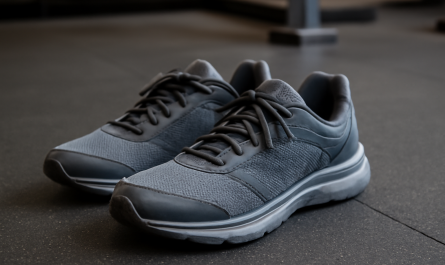 chaussures de sport posées sur sol de gym