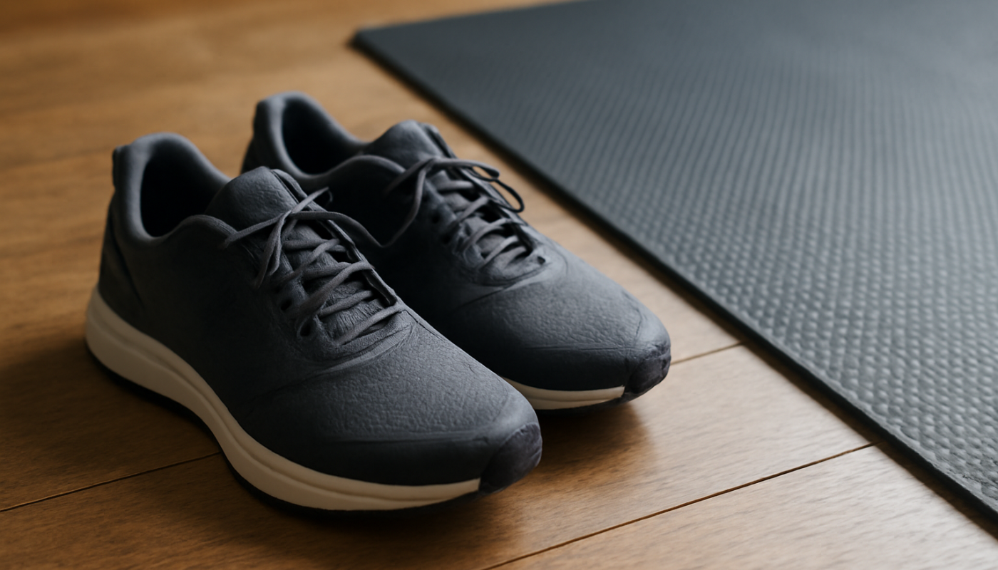 chaussures de sport près d'un tapis de gym