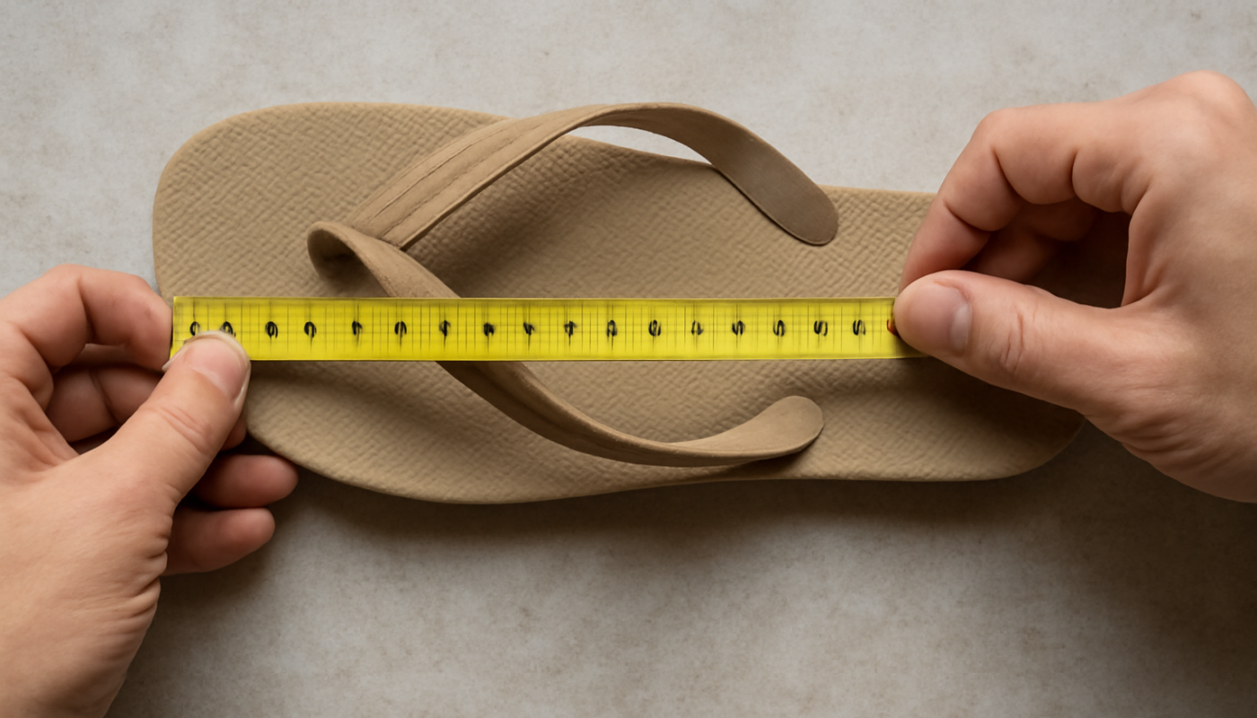 mains mesurant la largeur d'une tongs