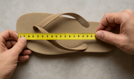 mains mesurant la largeur d'une tongs