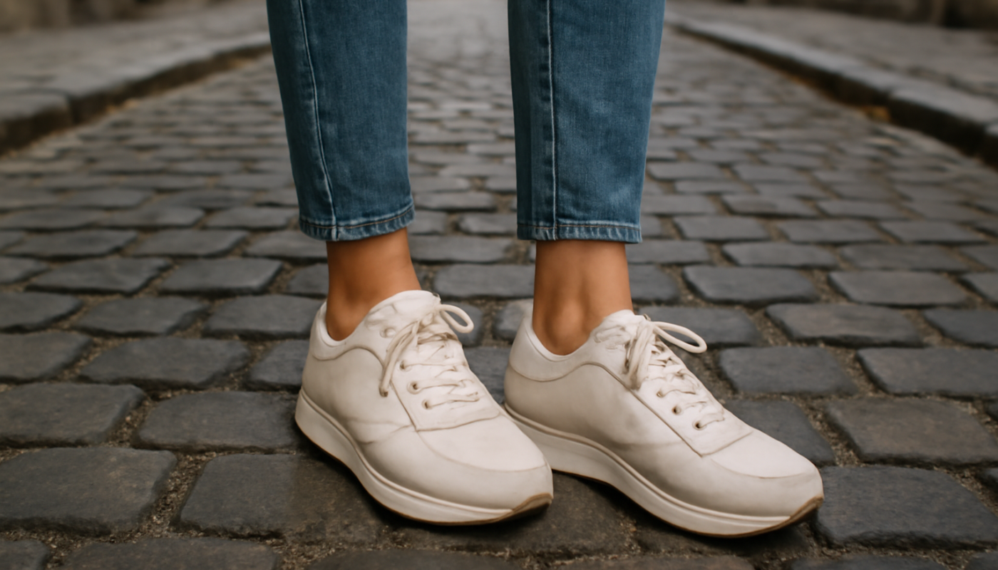 femme portant des baskets dans rue pavée