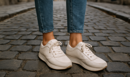 femme portant des baskets dans rue pavée