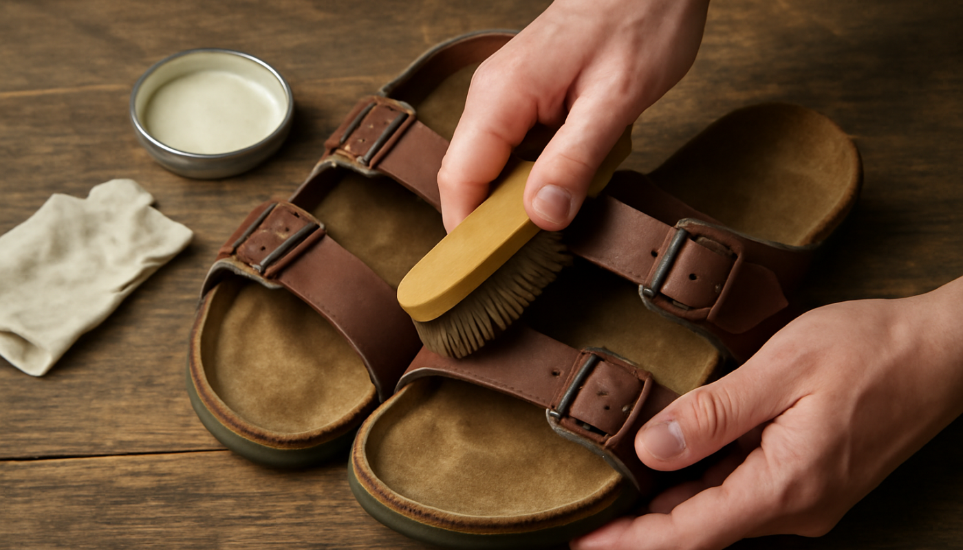 mains entretenant une paire de sandales