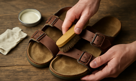 mains entretenant une paire de sandales