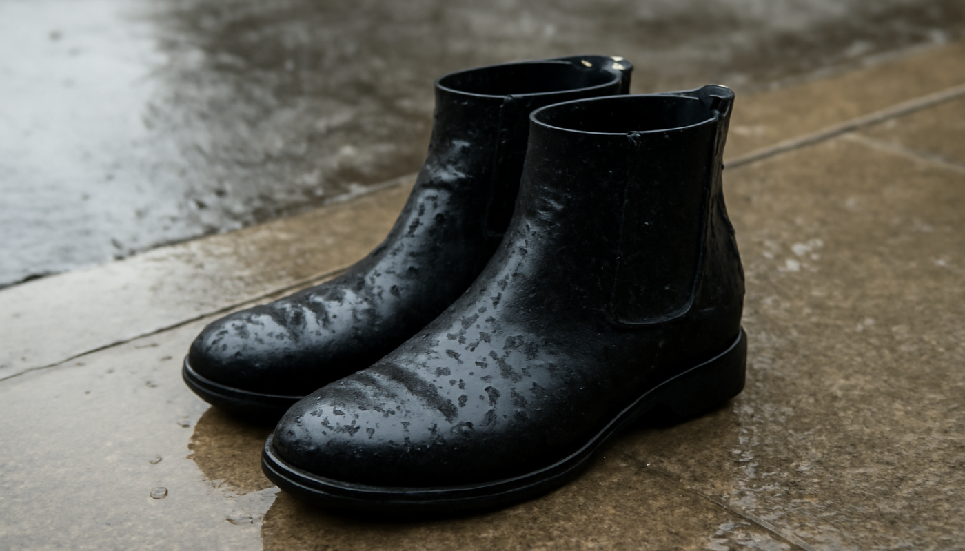 bottines mouillees posees sur trottoir